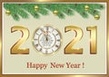 Merry Christmas 2021. Holiday banner, Christmas background with golden date 2021 and clock decorated fir branches and balls Royalty Free Stock Photo